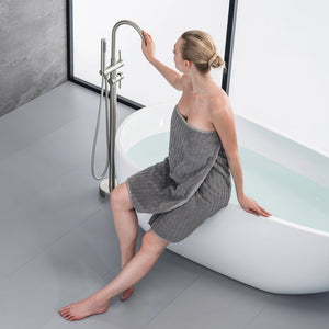 English Elm TrustMade Brushed Nickel Floor-Mount Tub Filler with 360° Swivel Spout & Handheld Shower, Brass TMFTFLYJ-R01BN