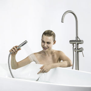 English Elm TrustMade Brushed Nickel Floor-Mount Tub Filler with 360° Swivel Spout & Handheld Shower, Brass TMFTFLYJ-R01BN