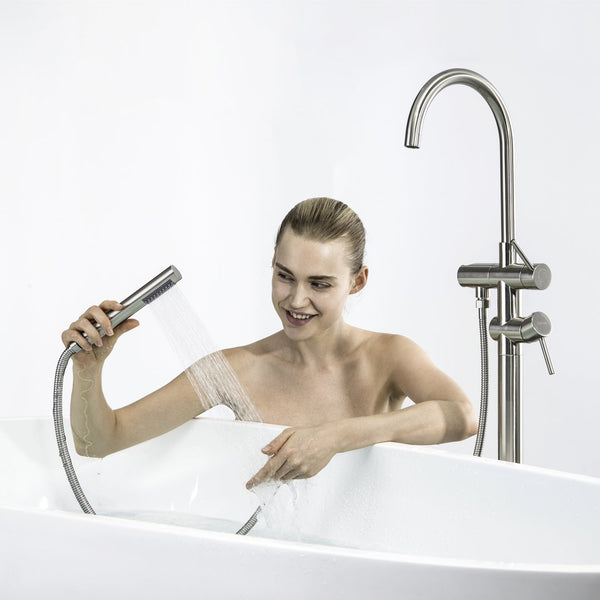 English Elm TrustMade Brushed Nickel Floor-Mount Tub Filler with 360° Swivel Spout & Handheld Shower, Brass TMFTFLYJ-R01BN