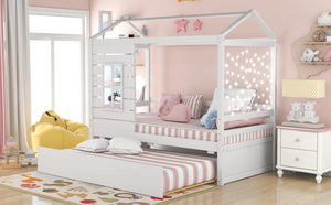 English Elm Twin House Bed Solid Pine Frame with Playhouse Window Trundle and Built-in Rails LP000007AAK
