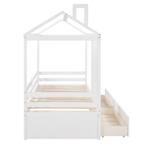 English Elm Twin House Bed Pinewood Frame with Peaked Roof Guardrails and Under Storage Drawers LP000006AAK