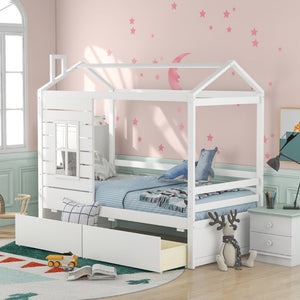 English Elm Twin House Bed Pinewood Frame with Peaked Roof Guardrails and Under Storage Drawers LP000006AAK