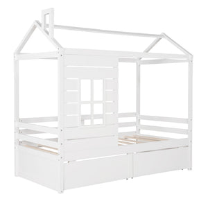 English Elm Twin House Bed Pinewood Frame with Peaked Roof Guardrails and Under Storage Drawers LP000006AAK