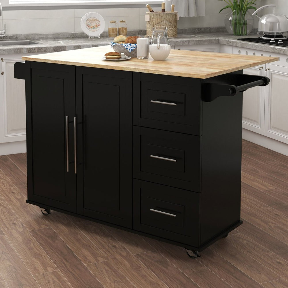 English Elm Kitchen Island with Extensible Wood Top Spice Towel Rack Storage on Casters W282S00030