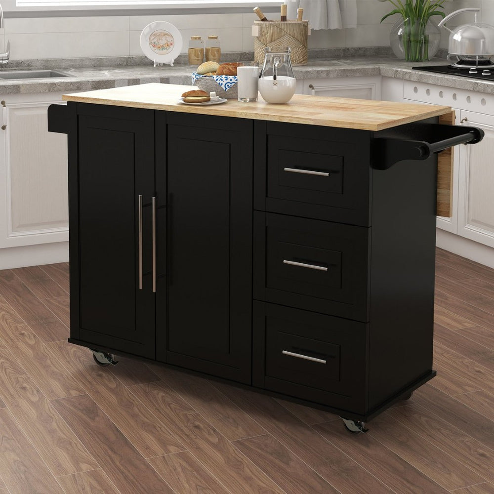 English Elm Kitchen Island with Extensible Wood Top Spice Towel Rack Storage on Casters W282S00030