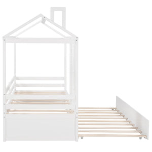 English Elm Twin House Bed Solid Pine Frame with Playhouse Window Trundle and Built-in Rails LP000007AAK
