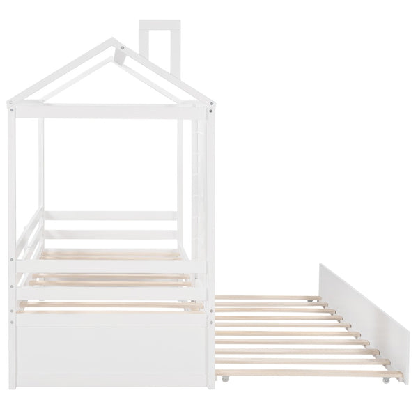 English Elm Twin House Bed Solid Pine Frame with Playhouse Window Trundle and Built-in Rails LP000007AAK