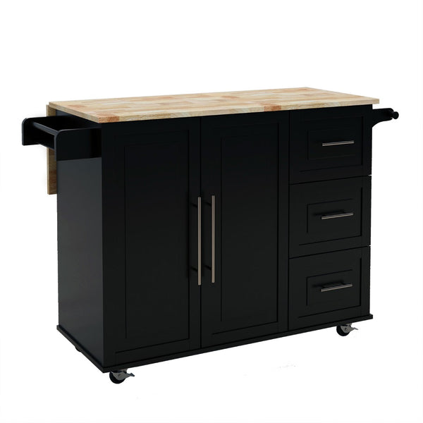 English Elm Kitchen Island with Extensible Wood Top Spice Towel Rack Storage on Casters W282S00030