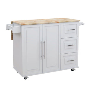 English Elm Kitchen Island with Extensible Wood Top Spice Towel Rack Storage on Casters W282S00031
