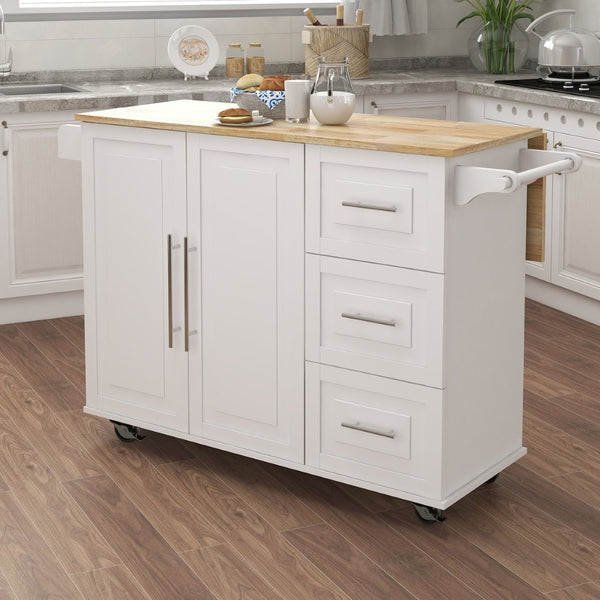 English Elm Kitchen Island with Extensible Wood Top Spice Towel Rack Storage on Casters W282S00031