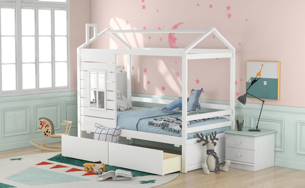 English Elm Twin House Bed Pinewood Frame with Peaked Roof Guardrails and Under Storage Drawers LP000006AAK