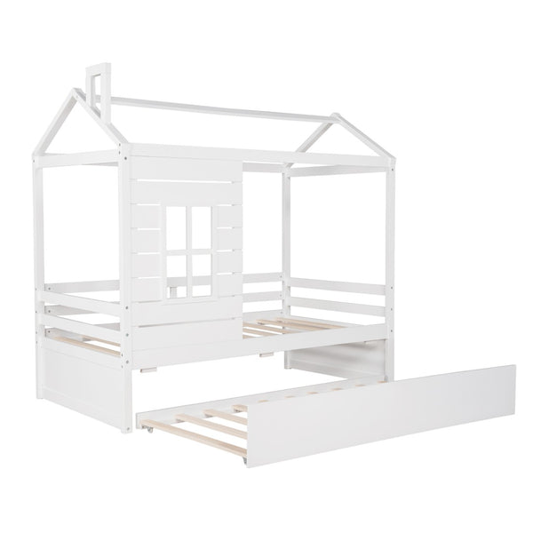English Elm Twin House Bed Solid Pine Frame with Playhouse Window Trundle and Built-in Rails LP000007AAK