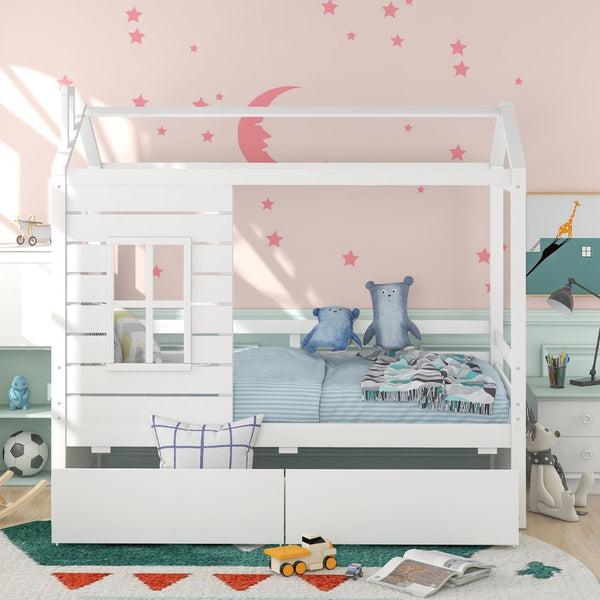 English Elm Twin House Bed Pinewood Frame with Peaked Roof Guardrails and Under Storage Drawers LP000006AAK