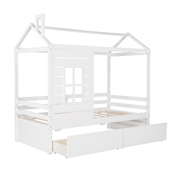 English Elm Twin House Bed Pinewood Frame with Peaked Roof Guardrails and Under Storage Drawers LP000006AAK