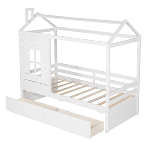 English Elm Twin House Bed Pinewood Frame with Peaked Roof Guardrails and Under Storage Drawers LP000006AAK
