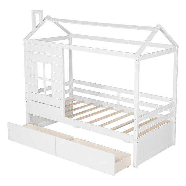 English Elm Twin House Bed Pinewood Frame with Peaked Roof Guardrails and Under Storage Drawers LP000006AAK