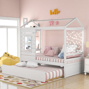 English Elm Twin House Bed Solid Pine Frame with Playhouse Window Trundle and Built-in Rails LP000007AAK