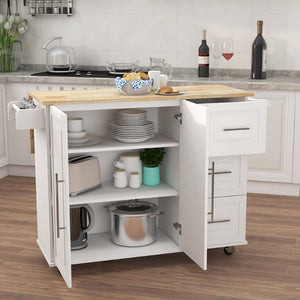 English Elm Kitchen Island with Extensible Wood Top Spice Towel Rack Storage on Casters W282S00031