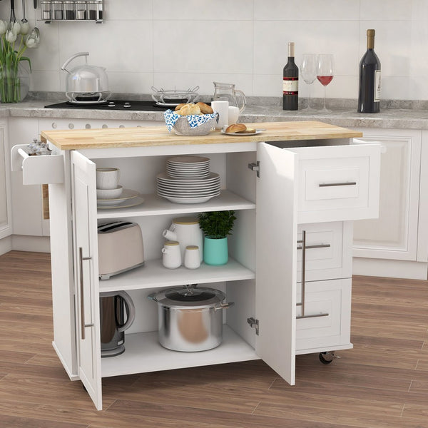 English Elm Kitchen Island with Extensible Wood Top Spice Towel Rack Storage on Casters W282S00031