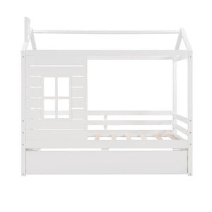 English Elm Twin House Bed Solid Pine Frame with Playhouse Window Trundle and Built-in Rails LP000007AAK