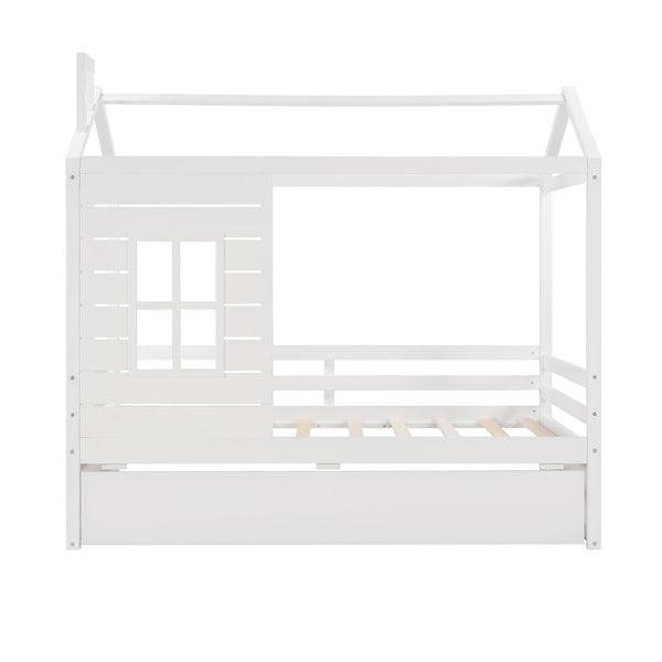 English Elm Twin House Bed Solid Pine Frame with Playhouse Window Trundle and Built-in Rails LP000007AAK