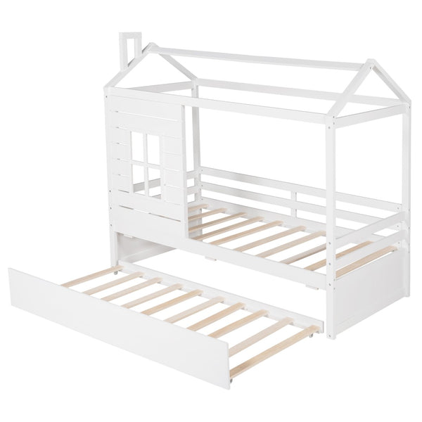 English Elm Twin House Bed Solid Pine Frame with Playhouse Window Trundle and Built-in Rails LP000007AAK