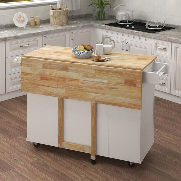 English Elm Kitchen Island with Extensible Wood Top Spice Towel Rack Storage on Casters W282S00031