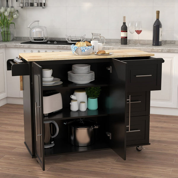 English Elm Kitchen Island with Extensible Wood Top Spice Towel Rack Storage on Casters W282S00030