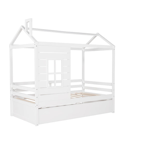 English Elm Twin House Bed Solid Pine Frame with Playhouse Window Trundle and Built-in Rails LP000007AAK