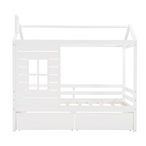 English Elm Twin House Bed Pinewood Frame with Peaked Roof Guardrails and Under Storage Drawers LP000006AAK