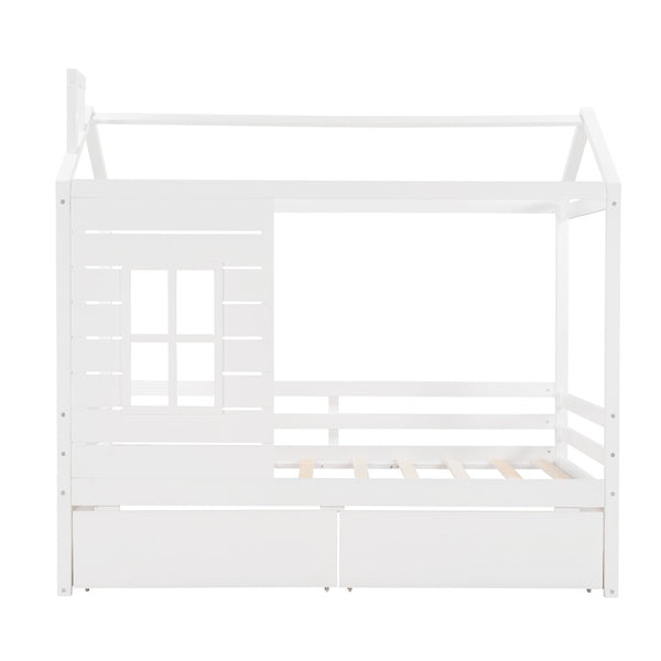 English Elm Twin House Bed Pinewood Frame with Peaked Roof Guardrails and Under Storage Drawers LP000006AAK