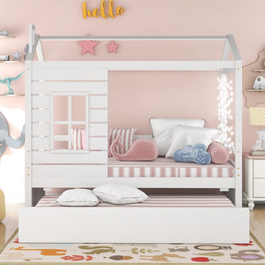 English Elm Twin House Bed Solid Pine Frame with Playhouse Window Trundle and Built-in Rails LP000007AAK