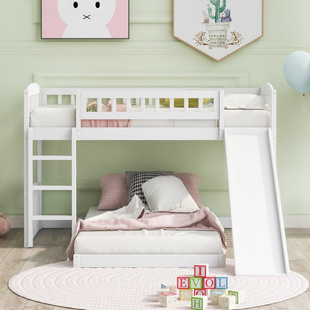 English Elm Twin Over Kids Bunk Bed with Fun Slide Solid Pine Frame White Finish LT100514AAK