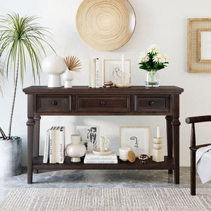 English Elm Trexm Neoclassical Pine Console Table Three Drawers Open Shelf Entryway Storage Espresso WF199599AAP
