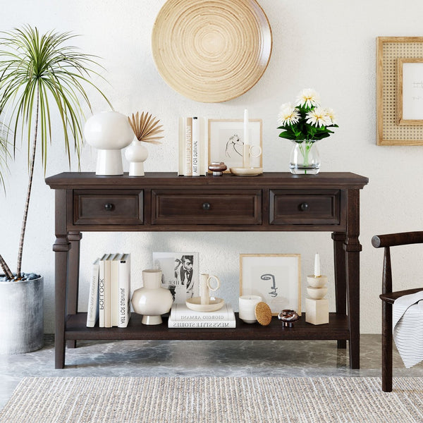 English Elm Trexm Neoclassical Pine Console Table Three Drawers Open Shelf Entryway Storage Espresso WF199599AAP