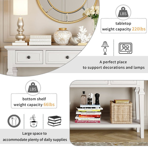 English Elm Trexm Neoclassical Pine Console Table Three Drawers Open Shelf Entryway Storage Antique White WF199599AAK