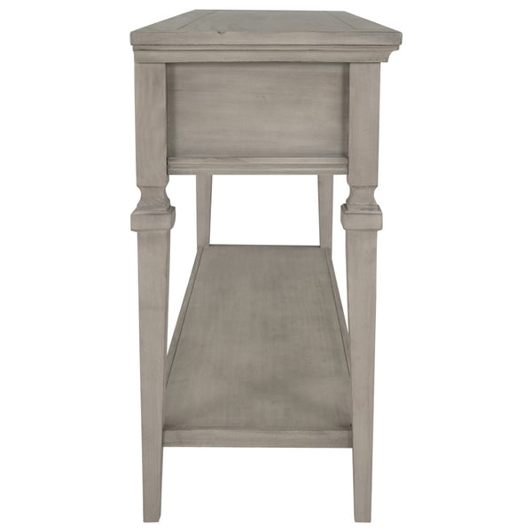 English Elm Trexm Neoclassical Pine Console Table Three Drawers Open Shelf Entryway Storage Gray Wash WF199599AAE