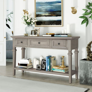 English Elm Trexm Neoclassical Pine Console Table Three Drawers Open Shelf Entryway Storage Gray Wash WF199599AAE