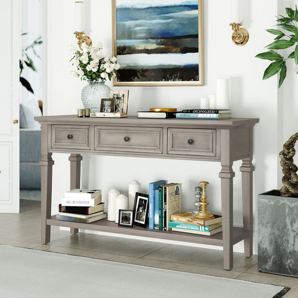 English Elm Trexm Neoclassical Pine Console Table Three Drawers Open Shelf Entryway Storage Gray Wash WF199599AAE