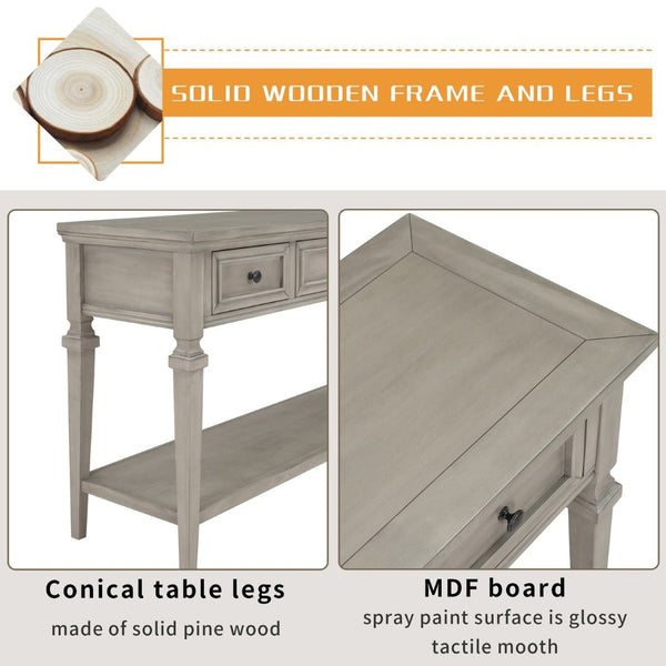 English Elm Trexm Neoclassical Pine Console Table Three Drawers Open Shelf Entryway Storage Gray Wash WF199599AAE
