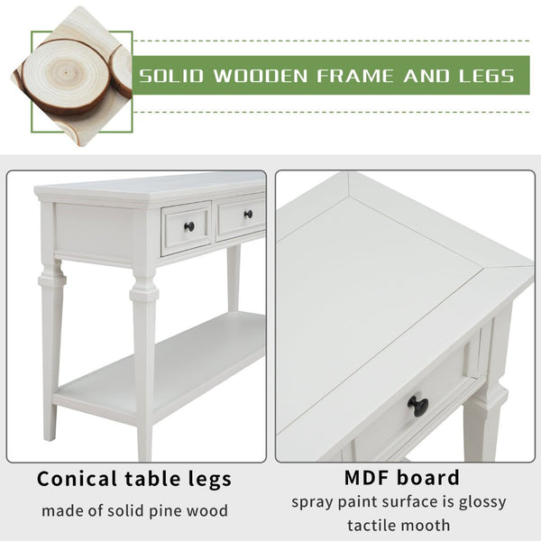 English Elm Trexm Neoclassical Pine Console Table Three Drawers Open Shelf Entryway Storage Antique White WF199599AAK