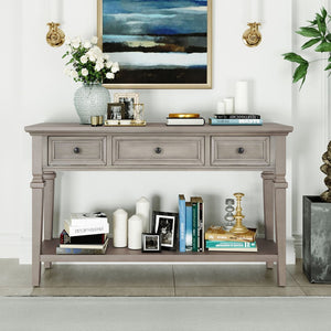 English Elm Trexm Neoclassical Pine Console Table Three Drawers Open Shelf Entryway Storage Gray Wash WF199599AAE