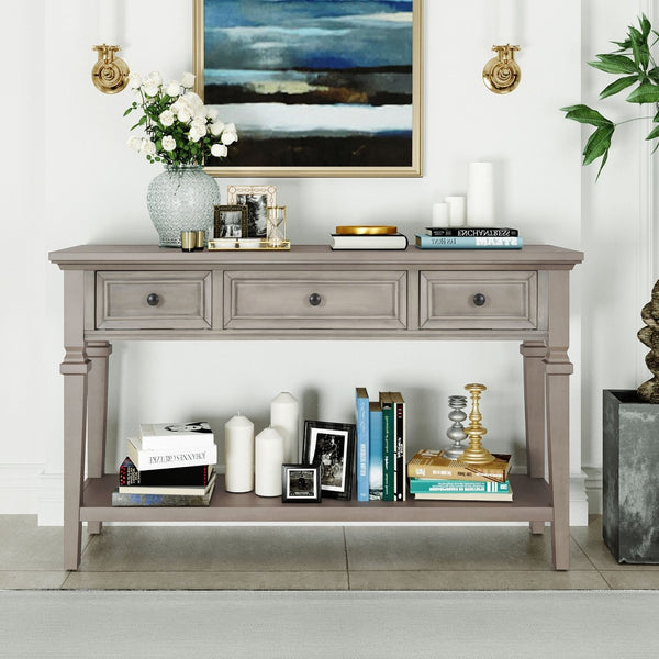 English Elm Trexm Neoclassical Pine Console Table Three Drawers Open Shelf Entryway Storage Gray Wash WF199599AAE