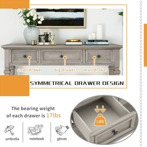 English Elm Trexm Neoclassical Pine Console Table Three Drawers Open Shelf Entryway Storage Gray Wash WF199599AAE