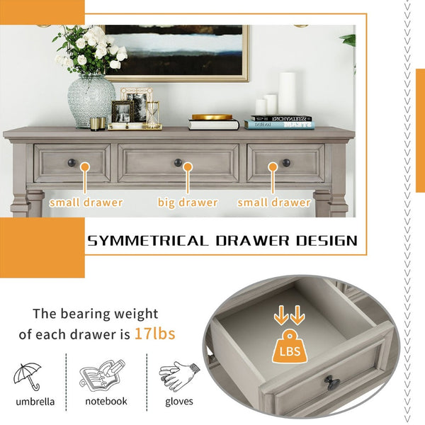 English Elm Trexm Neoclassical Pine Console Table Three Drawers Open Shelf Entryway Storage Gray Wash WF199599AAE