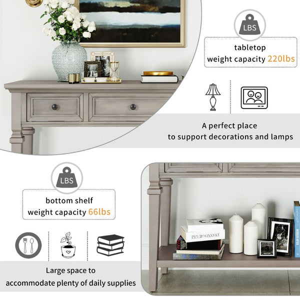 English Elm Trexm Neoclassical Pine Console Table Three Drawers Open Shelf Entryway Storage Gray Wash WF199599AAE