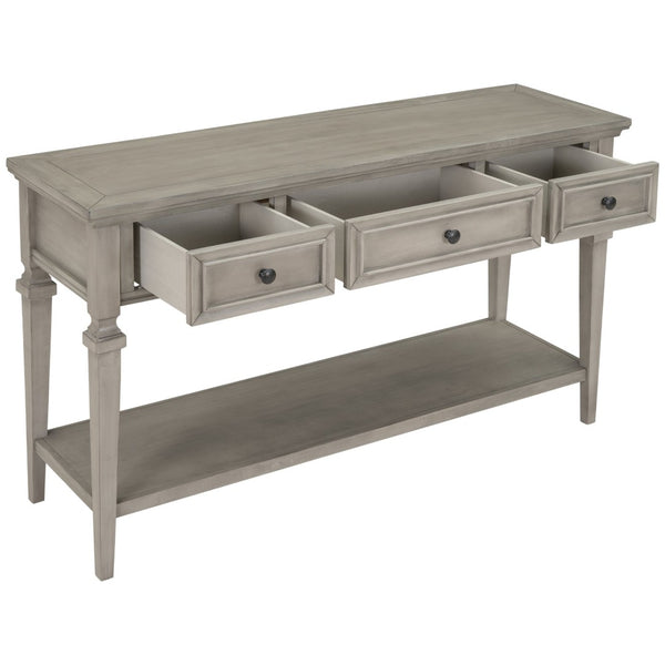 English Elm Trexm Neoclassical Pine Console Table Three Drawers Open Shelf Entryway Storage Gray Wash WF199599AAE