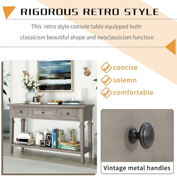 English Elm Trexm Neoclassical Pine Console Table Three Drawers Open Shelf Entryway Storage Gray Wash WF199599AAE