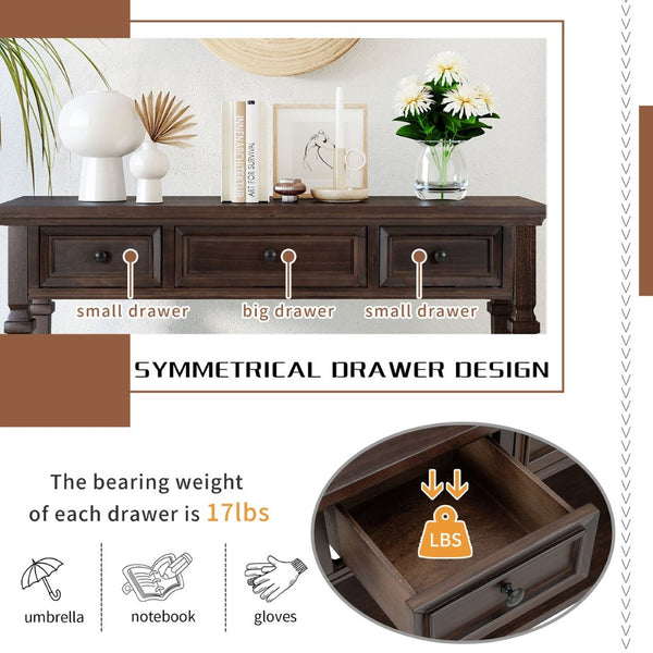 English Elm Trexm Neoclassical Pine Console Table Three Drawers Open Shelf Entryway Storage Espresso WF199599AAP