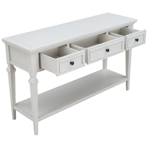 English Elm Trexm Neoclassical Pine Console Table Three Drawers Open Shelf Entryway Storage Antique White WF199599AAK